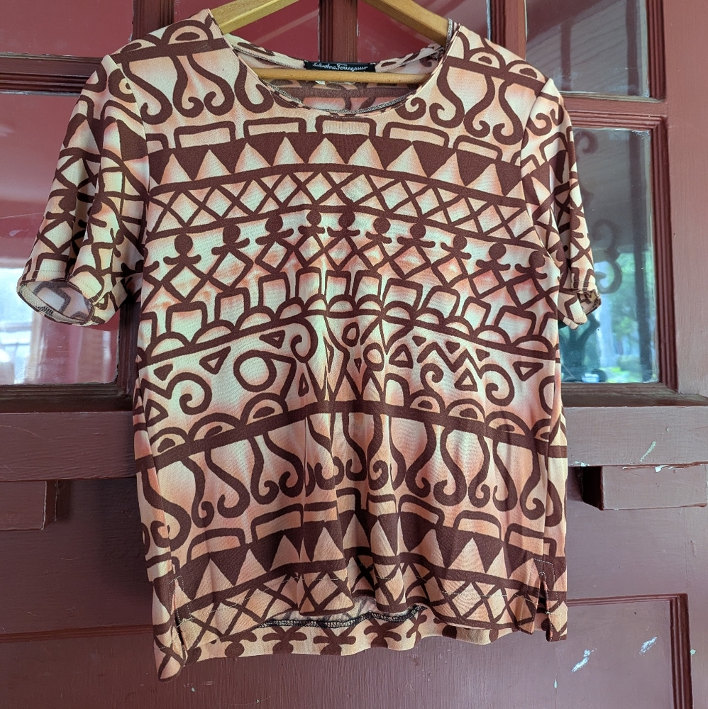 Vintage Salvatore Ferragamo tribal print rayon/nylon tee